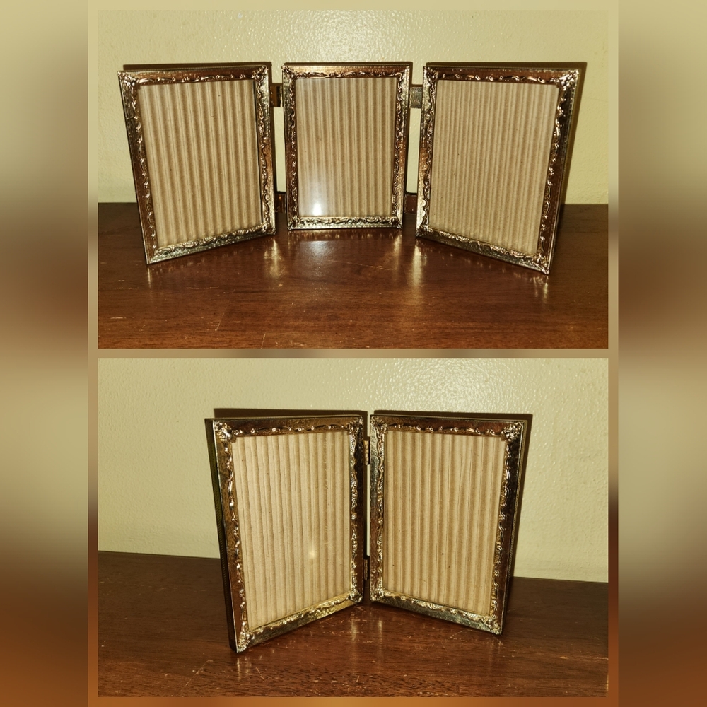 Vintage 1960s Brass Gold Bi & Trifold Picture Frame Set